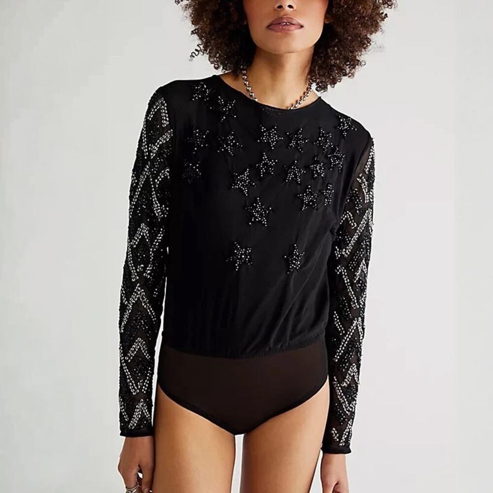 Free People Stargazer Sequin Mesh Bodysuit in Black NWT Size S